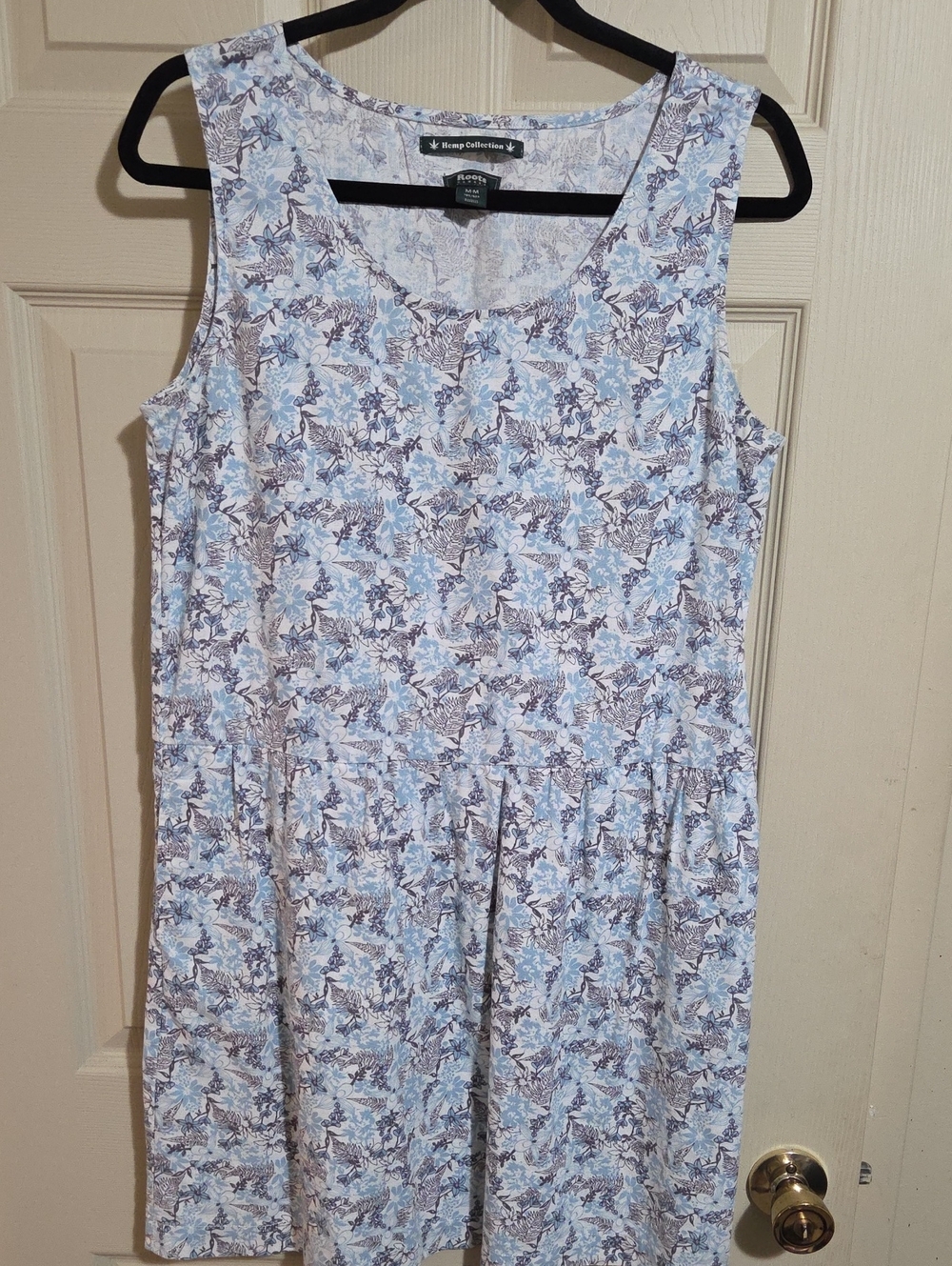 Roots Hemp Collection Sleeveless Floral Midi Dress in Light Blue and White
